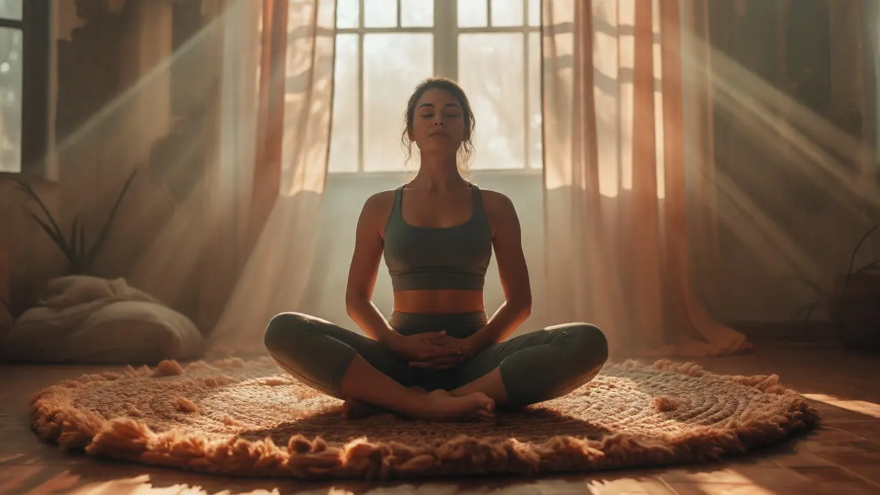 Žena v meditaci po masáži, ruce na břiše, ve slunečním světle.
